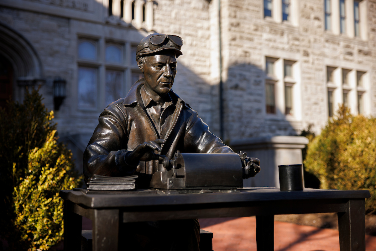 A sculpture of famed WWII correspondent Ernie Pyle stands outside Franklin Hall at IU Bloomington on Tuesday, March 7, 2023.